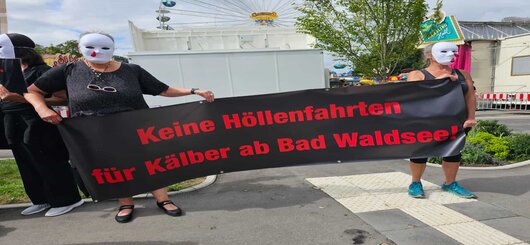 Demonstrantinnen mit Banner, Bad Waldsee, Juli 2023
