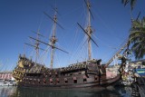 The visitable Galleon moored in the Old Port of Genoa.